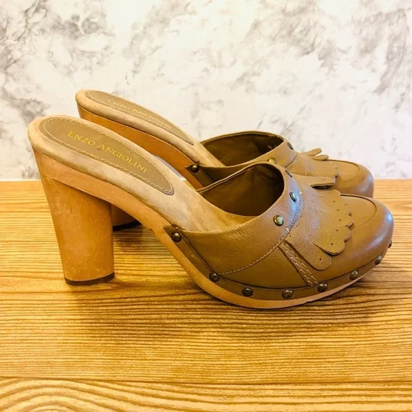 Enzo Angolini Brown Tan Leather Wood Heel Clogs Heels Pumps Size 9.5 - Picture 2 of 7